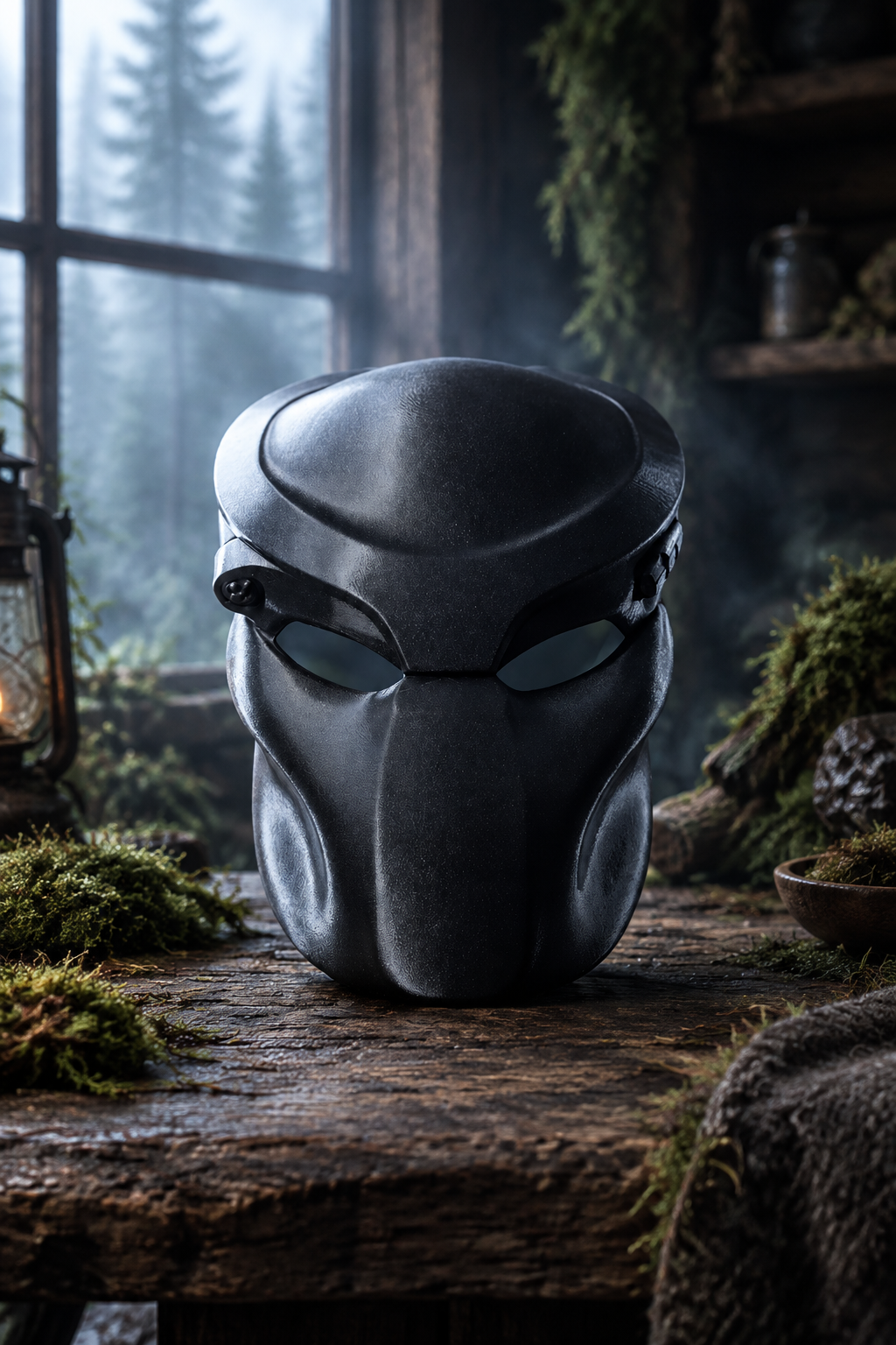 Black Predator Mask displayed on a rustic table in a misty woodland cabin