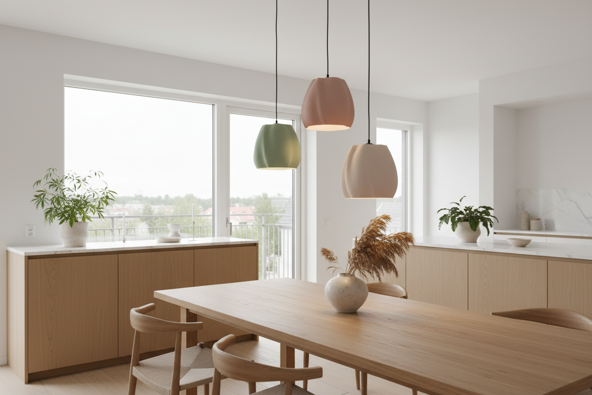 Three organic pendant lamp shades in sage green pink and white hanging over kitchen island Scandinavian interior lifestyle