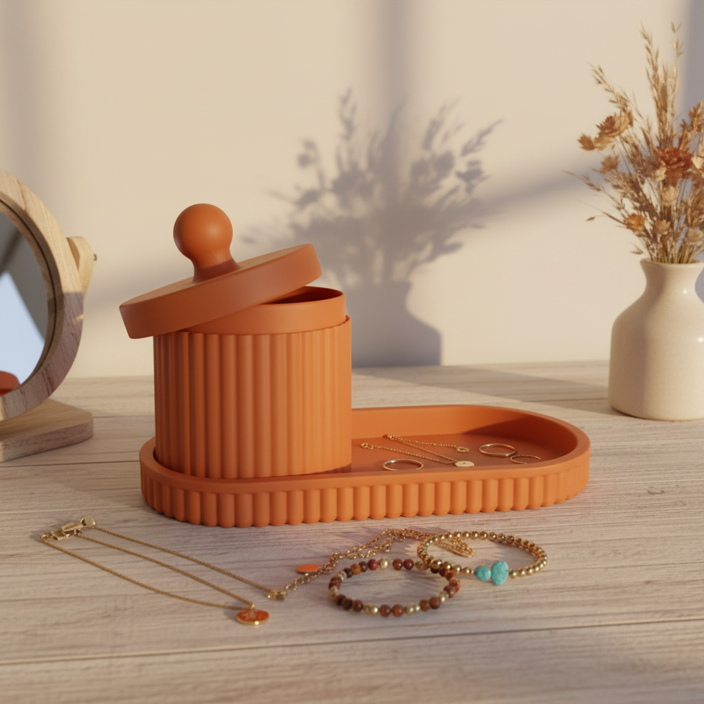 Terracotta orange ribbed organiser set on wooden dressing table with jewellery and dried flowers