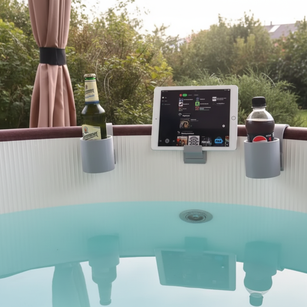 Grey modular hot tub caddy with dual bottle holder and tablet holder clipped onto inflatable hot tub in sunny garden