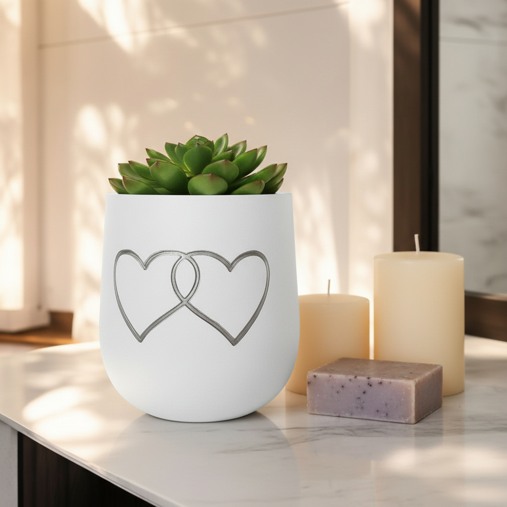 Matte white Two Hearts planter with a small succulent on a marble bathroom shelf with candles