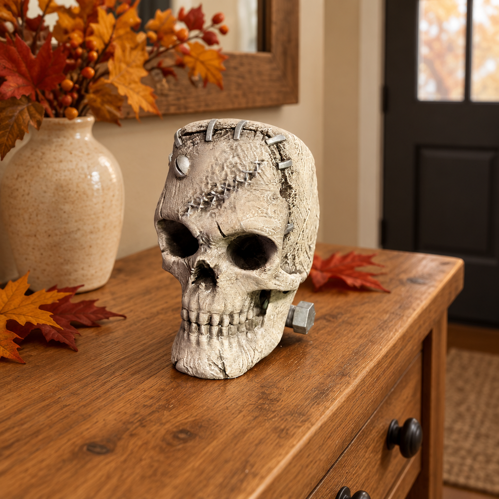 Textured pale skull with bolt on an oak entryway console with autumn leaves