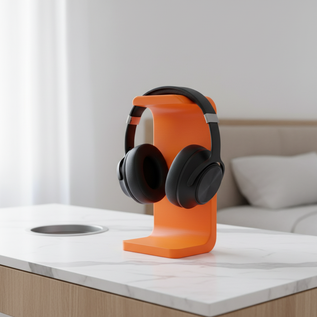 Minimalist Headphone Holder - orange colourway on marble desk in minimalist bedroom