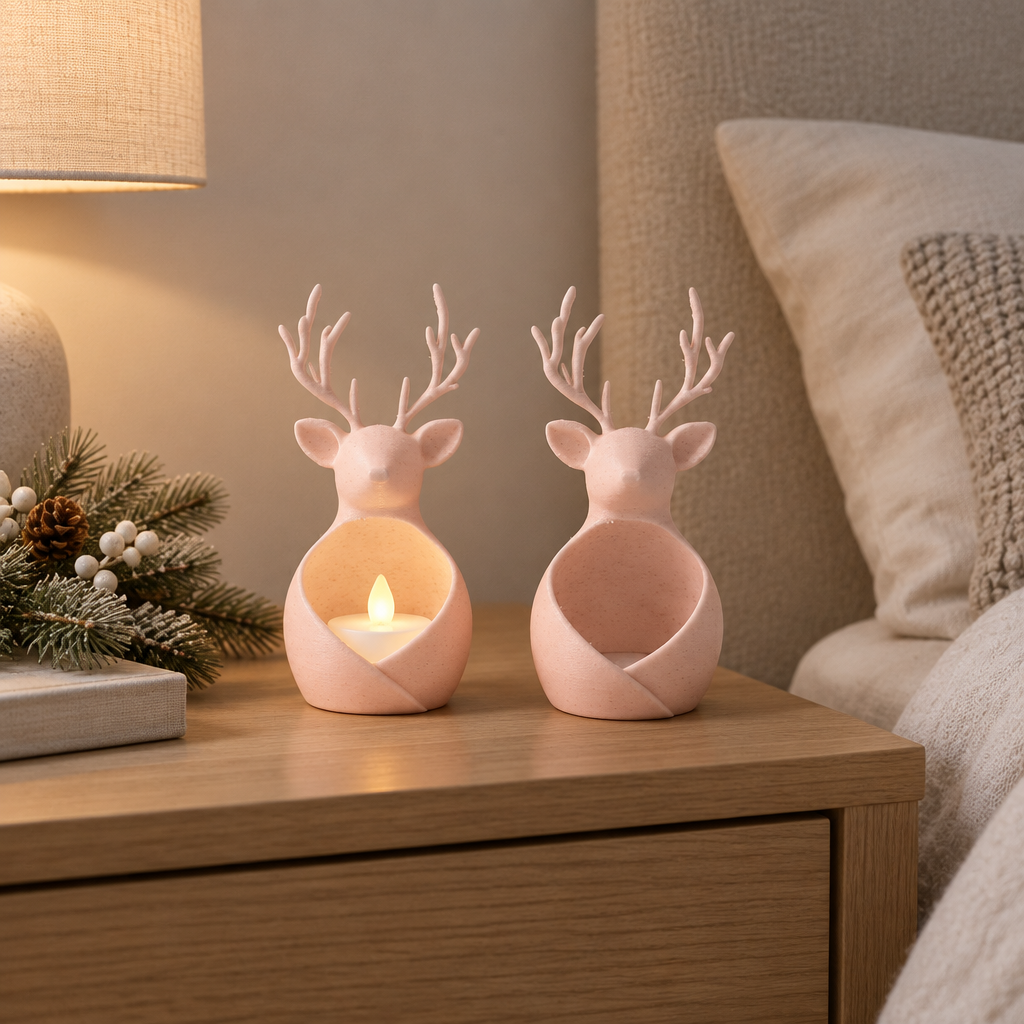Pink reindeer tealight holders on a softly styled bedside table