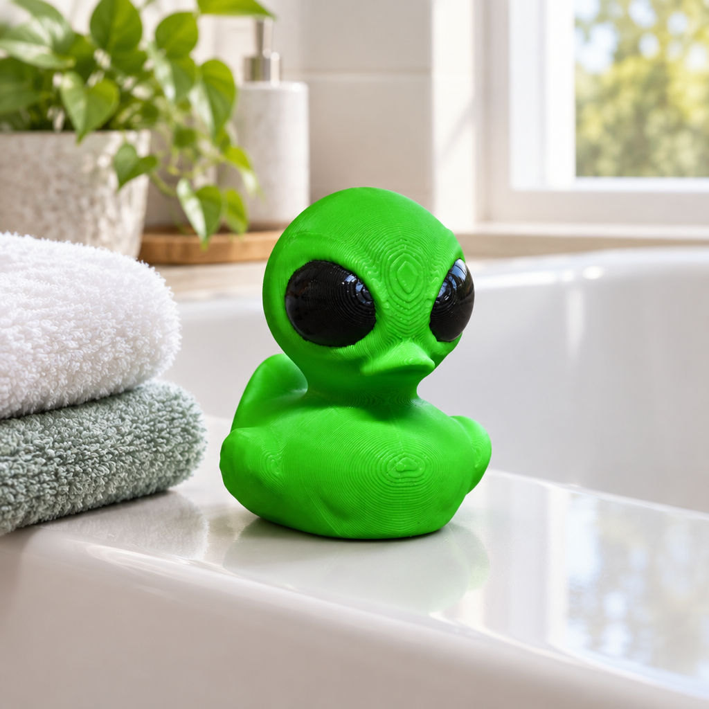 Bright green alien bath duck displayed on the edge of a modern white bathtub