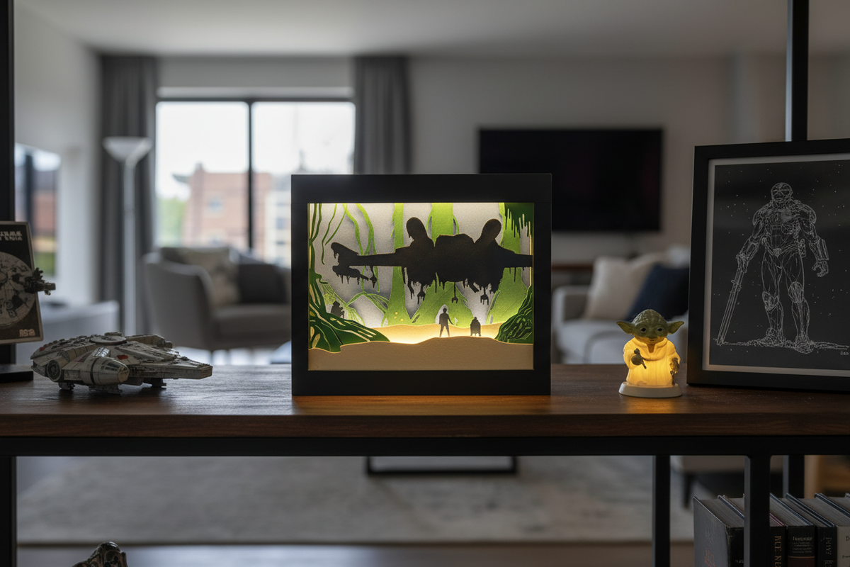 Dagobah Shadow Box on a dark wooden shelf in a moody living room with warm ambient lighting and Star Wars collectibles