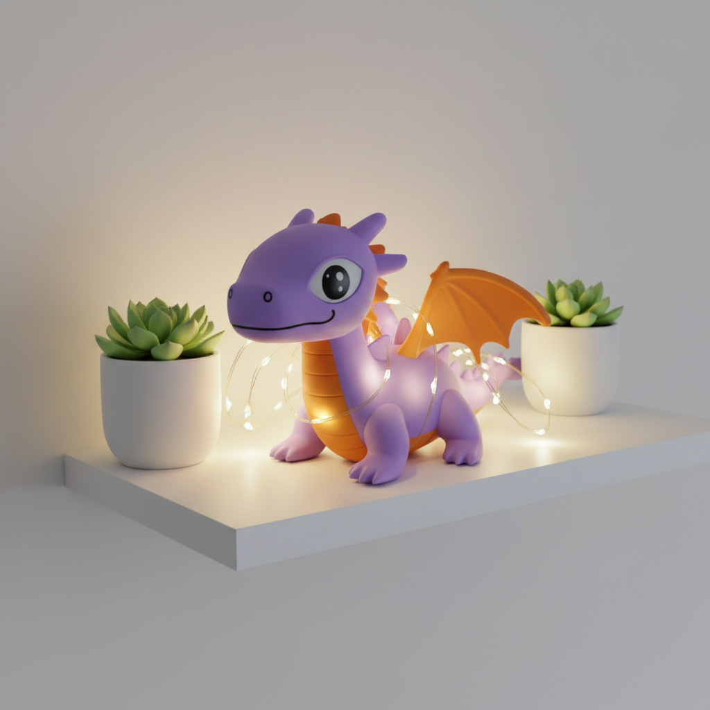 Little Charmkeeper Dragon Figurine - purple colourway on bedroom shelf with fairy lights