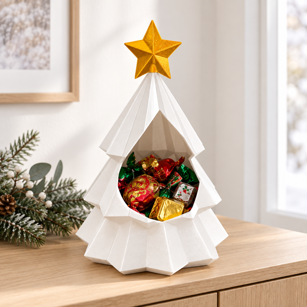 White Christmas tree snack bowl with wrapped treats on a pale oak sideboard