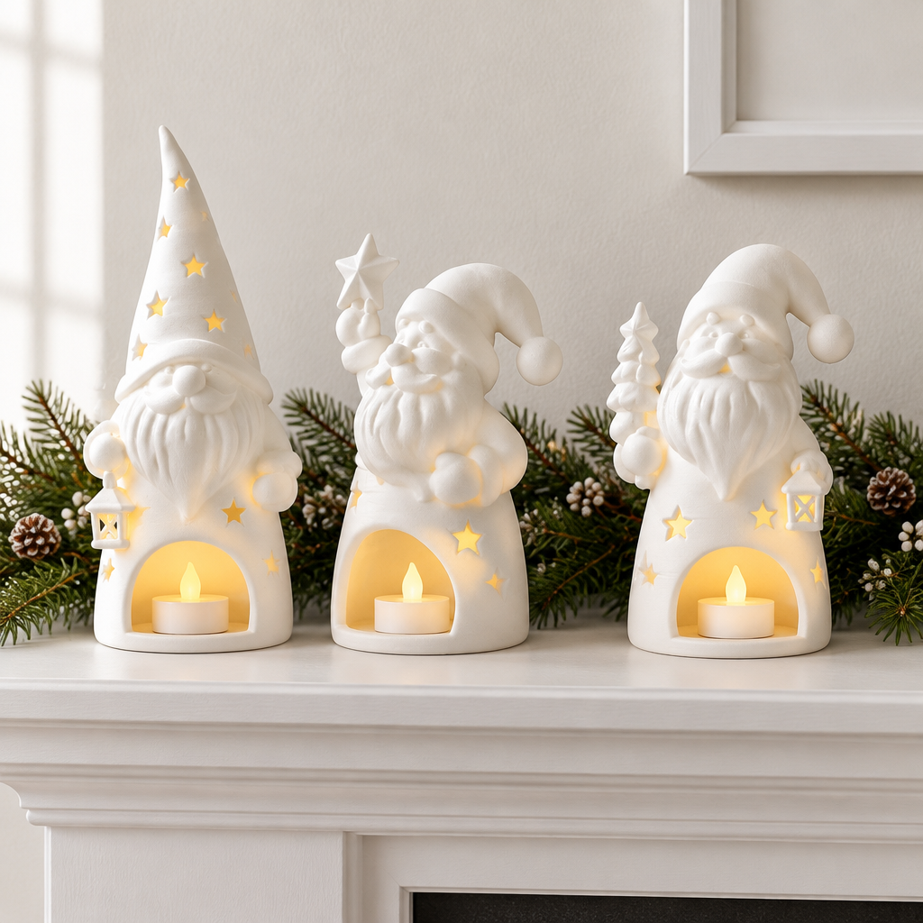The Santa gnome holder set of three arranged on a white fireplace mantel