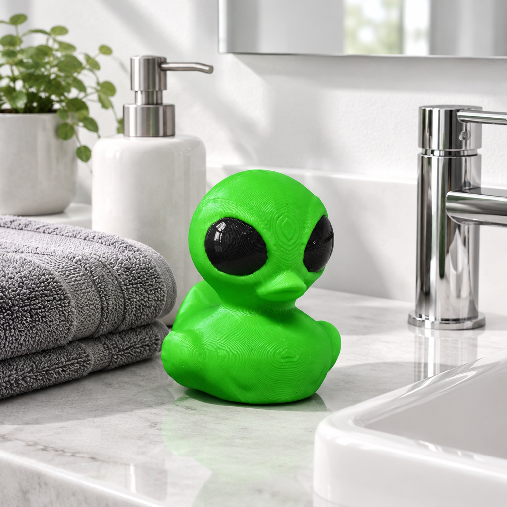Bright green alien bath duck beside a sink in a modern bathroom