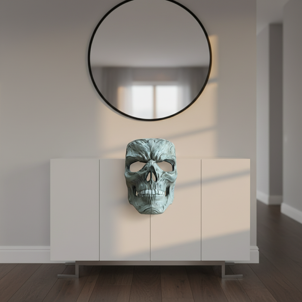 Gray gothic skull mask sculpture on a hallway console