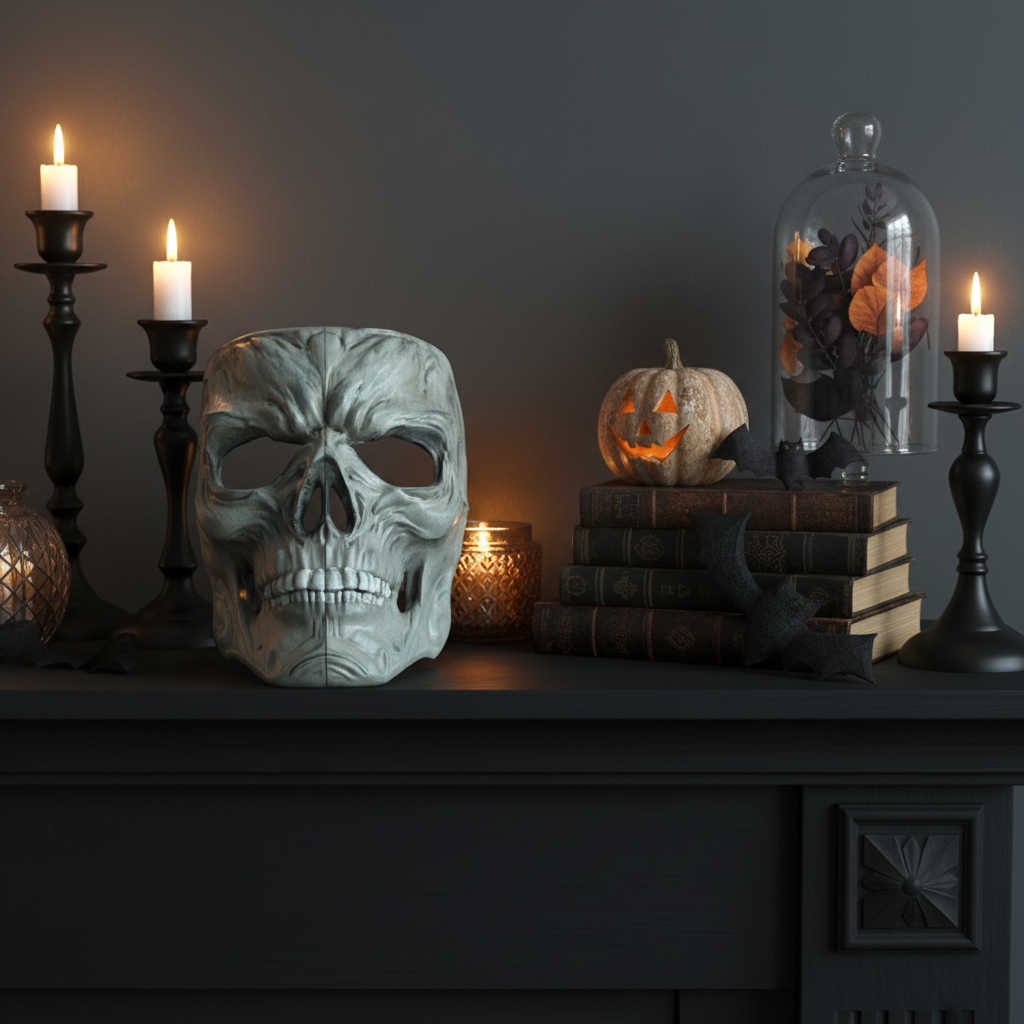 Gray gothic skull mask sculpture on a Halloween mantel