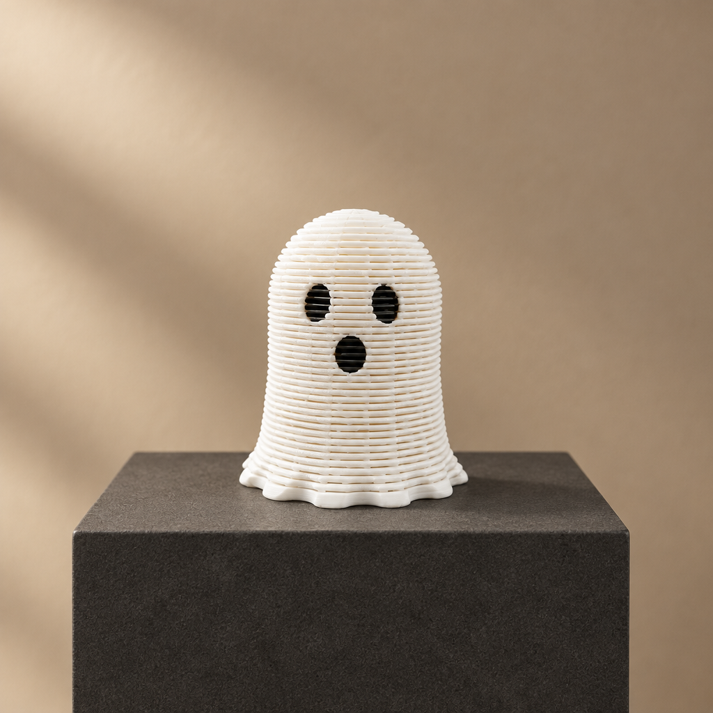 White ghost spring fidget on a charcoal plinth with editorial lighting