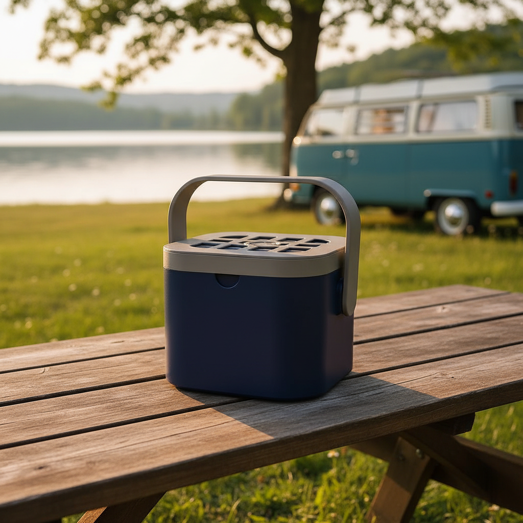 Navy blue freezable can carrier on wooden picnic table at lakeside campsite at golden hour with VW campervan