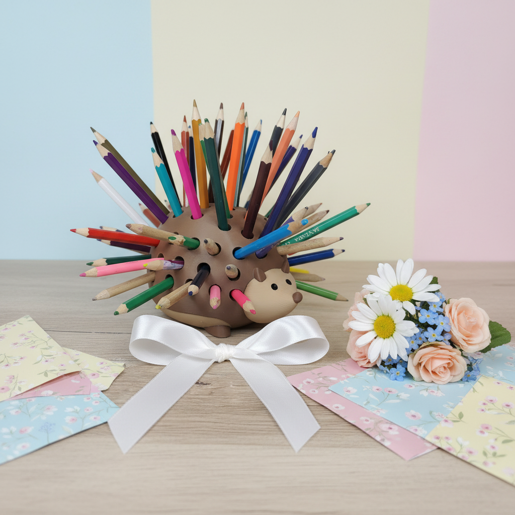 Pencil Hedgehog presented as a gift with ribbon and bow surrounded by flowers