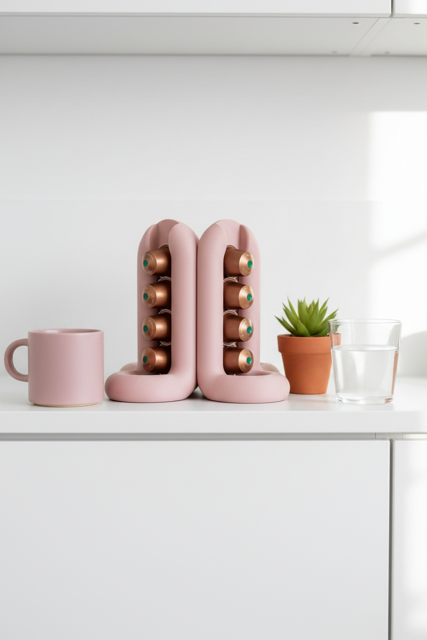 Dusty pink Wibble 4-way pod holder on white shelf bright morning kitchen - lifestyle