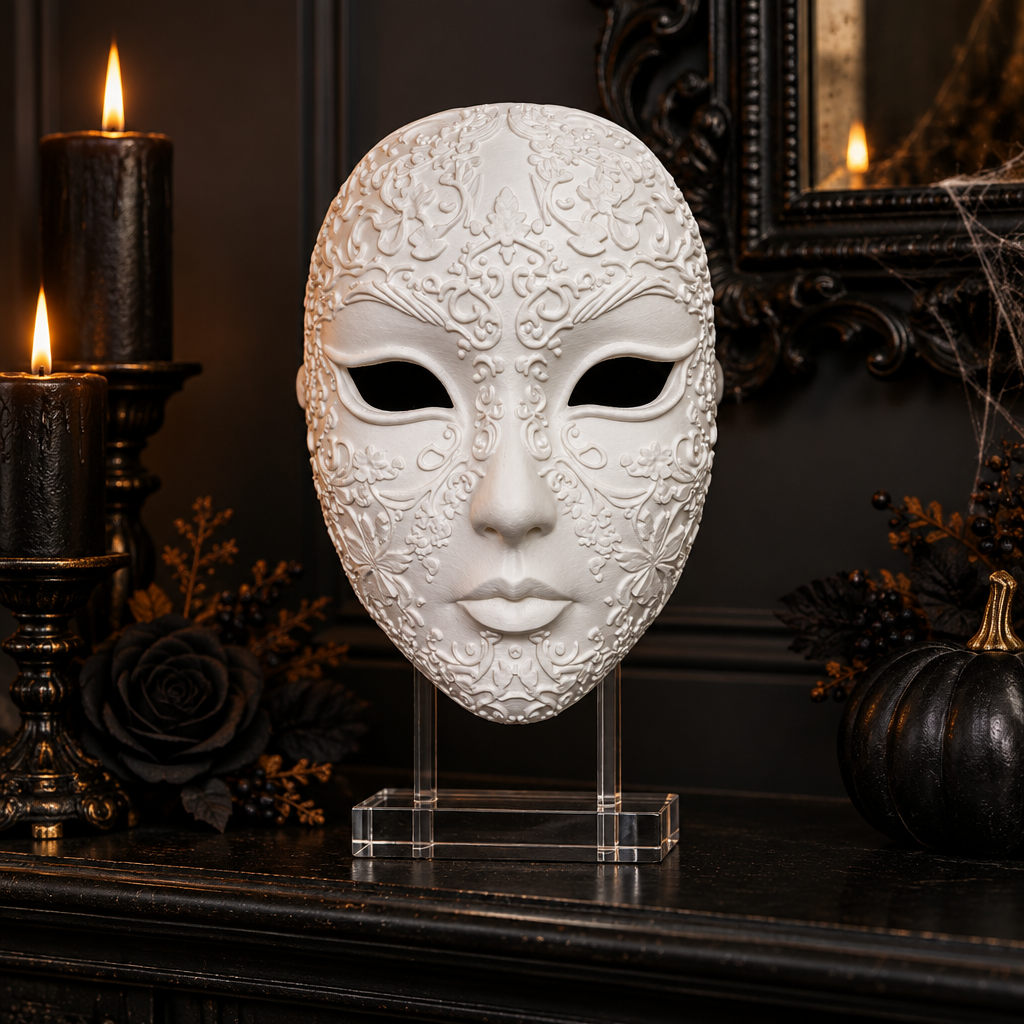 White floral mask on a clear stand with subtle Halloween candles