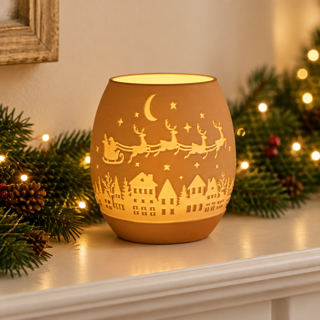 Amber Christmas village tealight holder on a mantel with evergreen garland and fairy lights