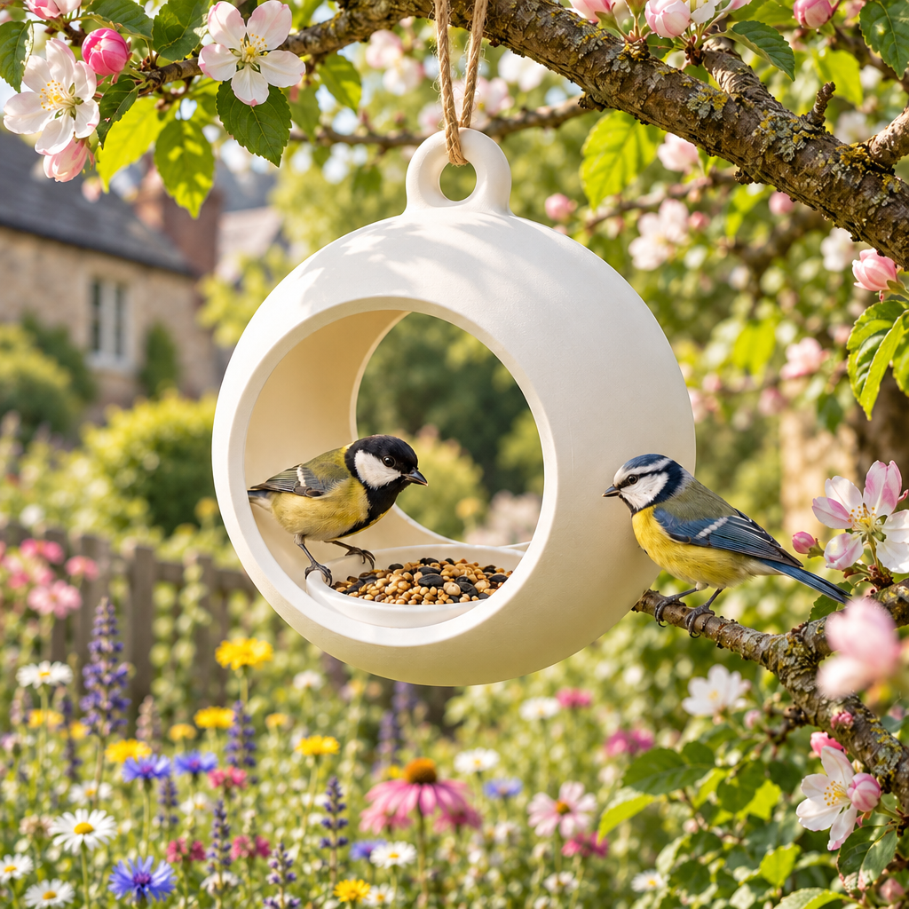 Round hanging feeder in a wildflower garden