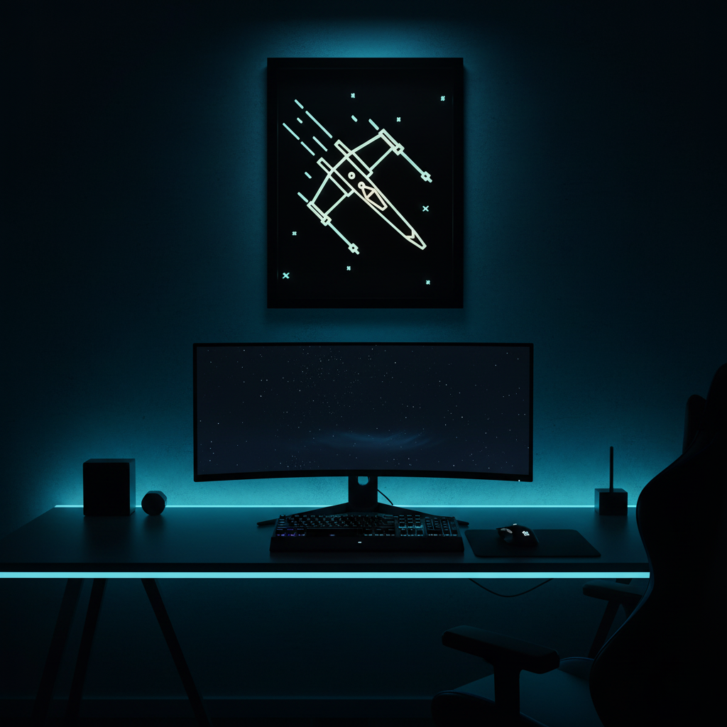 X-Wing neon line art shadow box hung on a dark wall above a gaming desk with RGB lighting