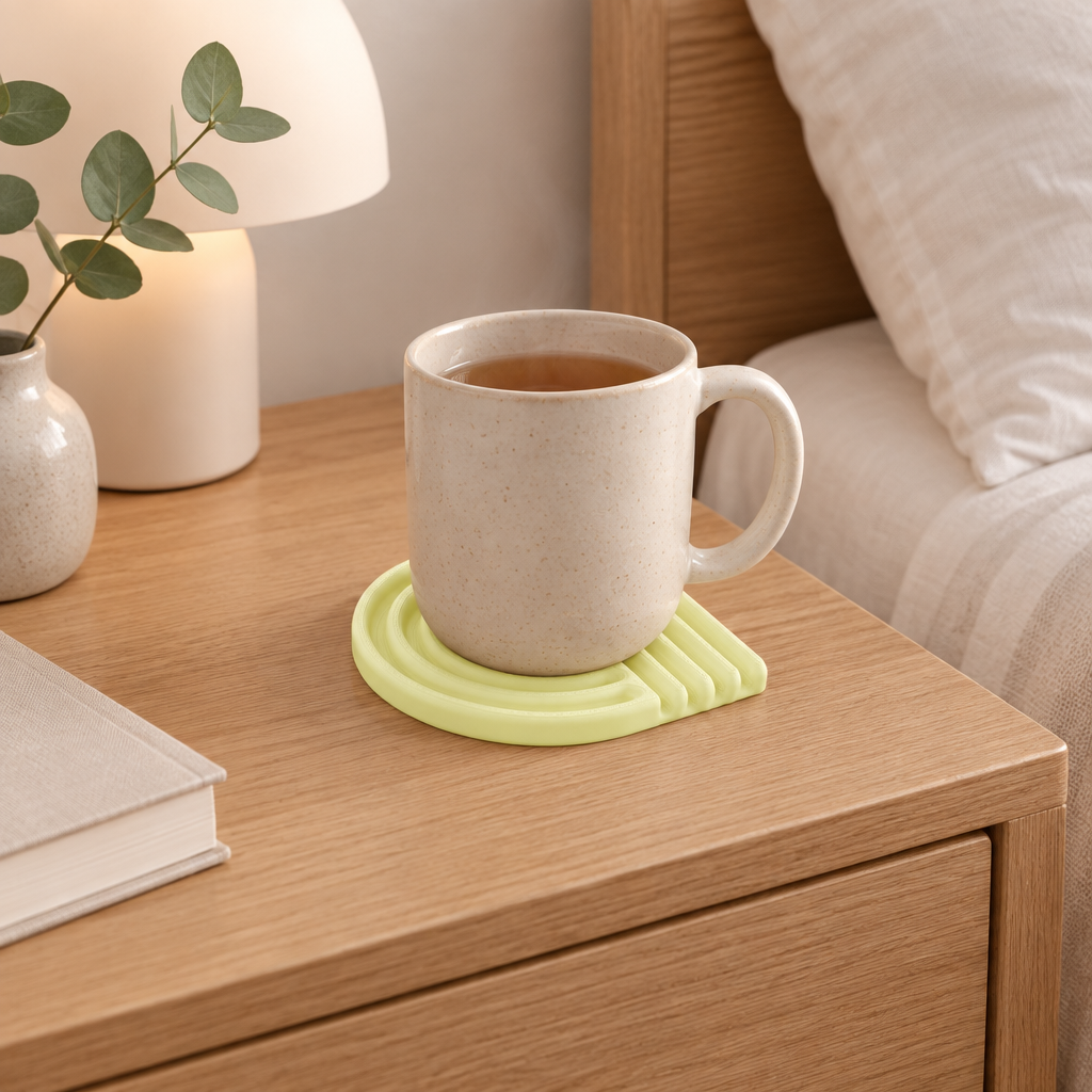 Pastel yellow looped coaster with a tea mug on a wooden bedside table