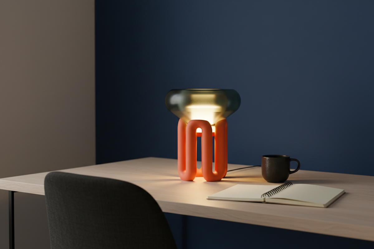 Coral Wibble Base Lamp with translucent green shade on a home office desk