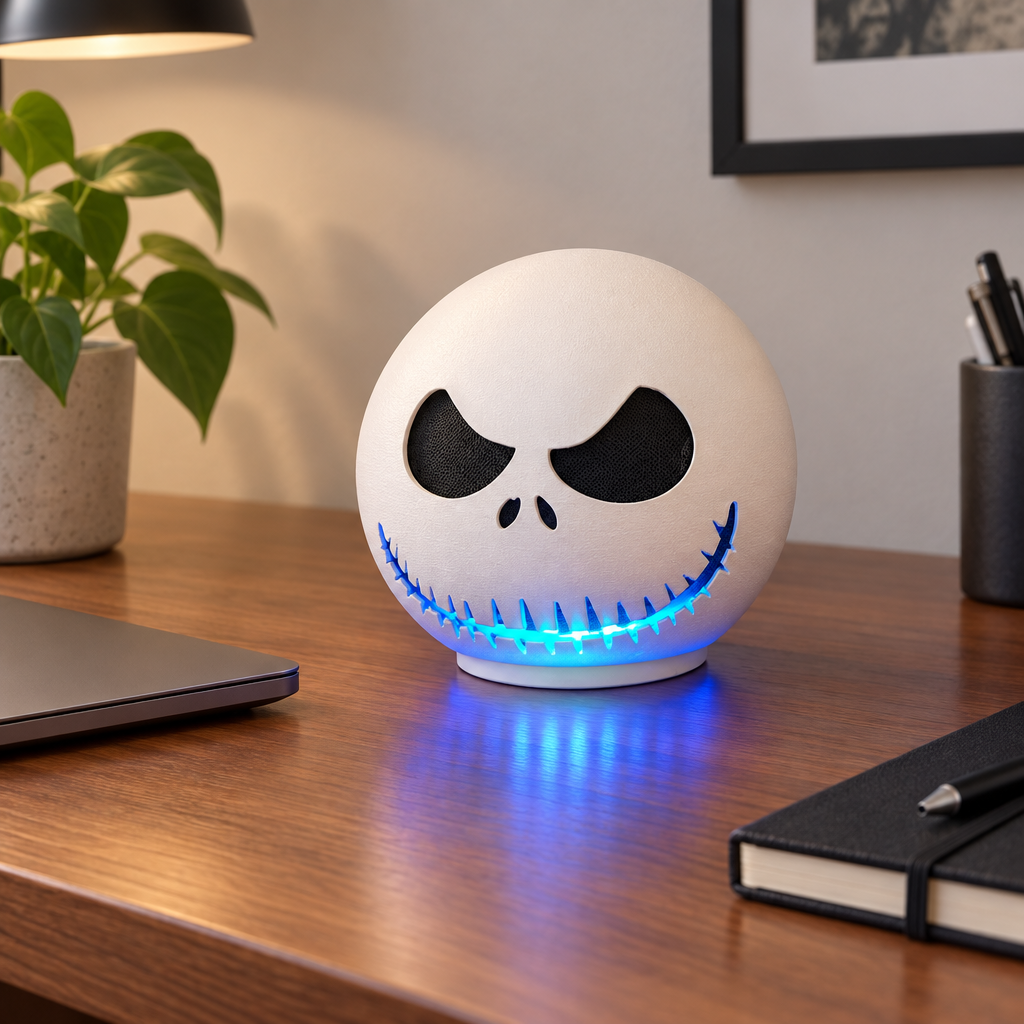 Jack Skellington shell glowing blue on a desk with a laptop and notebook