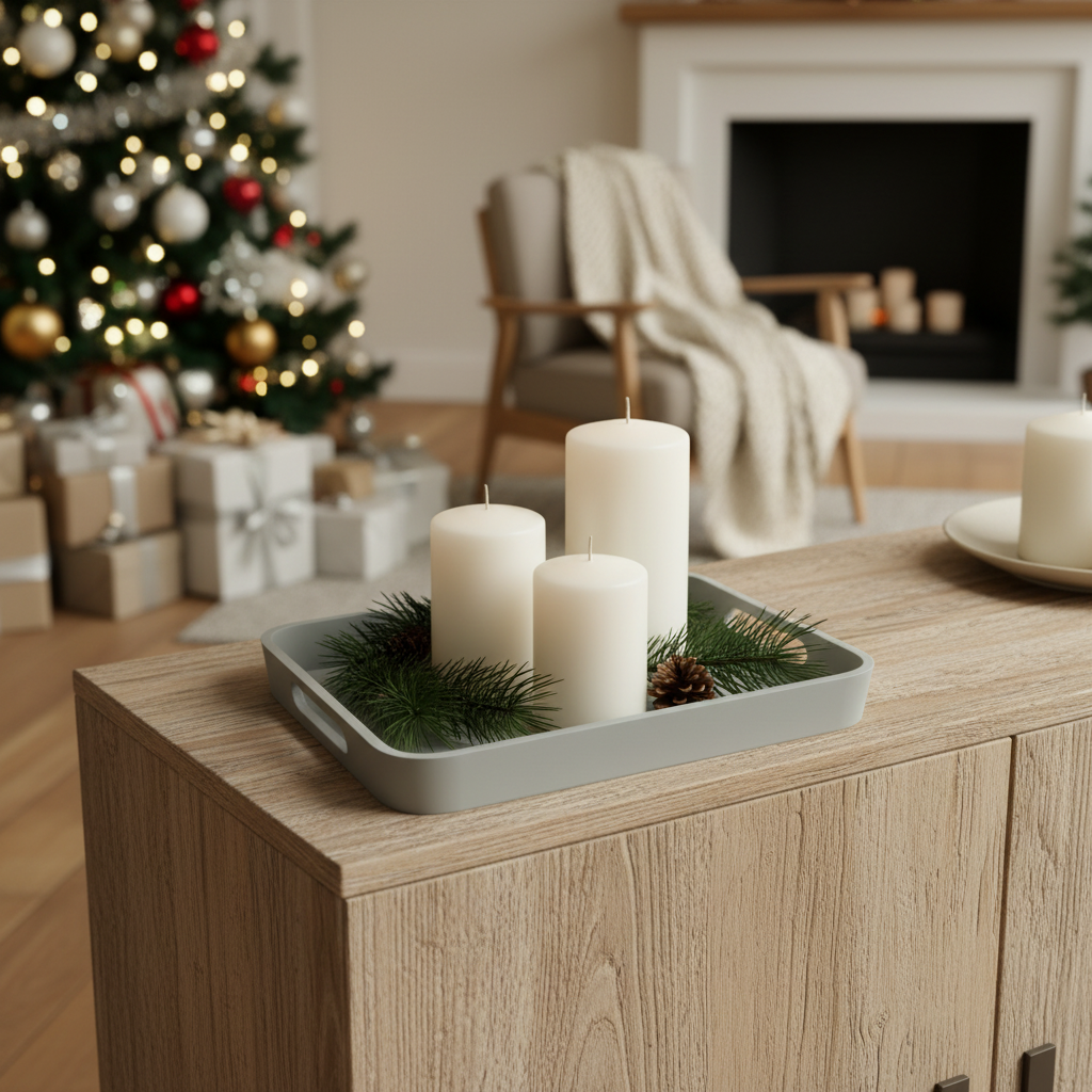 Winter village tray as candle tray with white pillar candles pine sprigs on wooden sideboard lifestyle