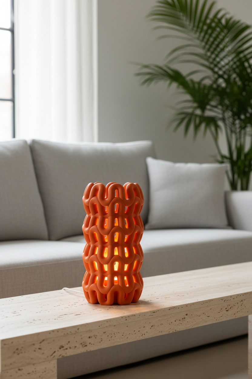 Terracotta Wibble Weave LED Lamp on travertine shelf in airy living room - lifestyle