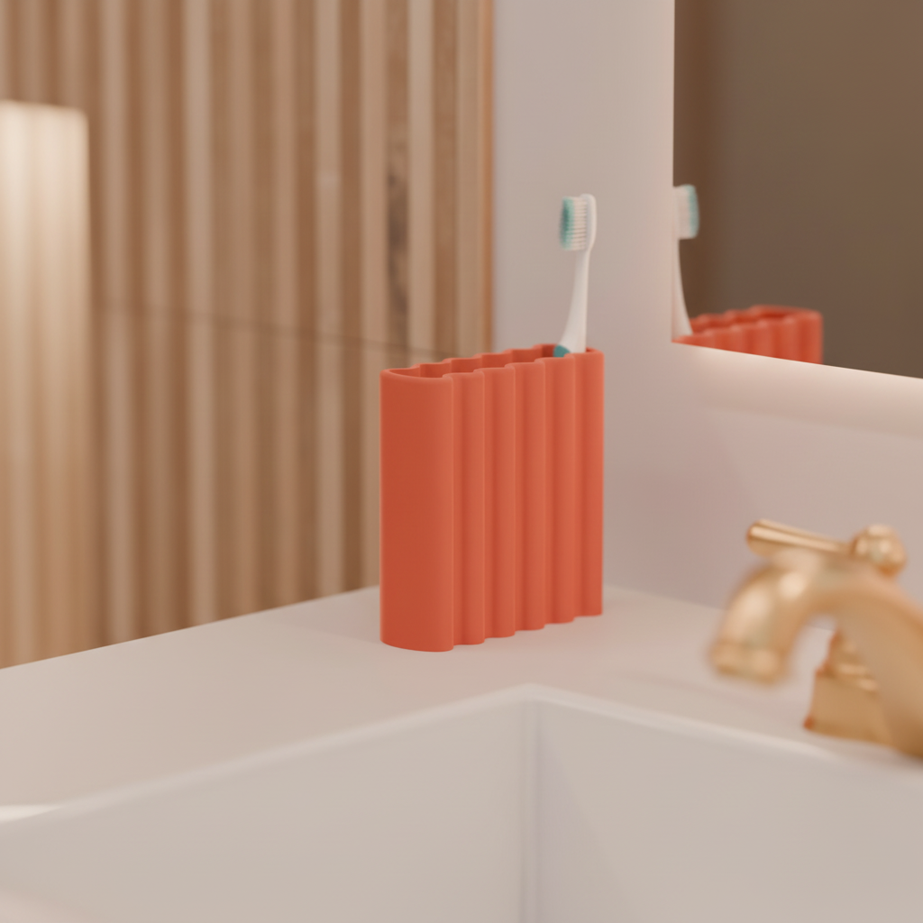 Close up ripple toothbrush holder surface detail showing wavy ribbed texture in terracotta on white background
