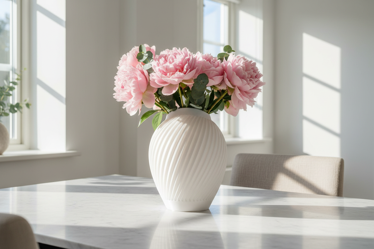 Versa slatted vase with blush peonies on a marble table in a bright Scandinavian interior