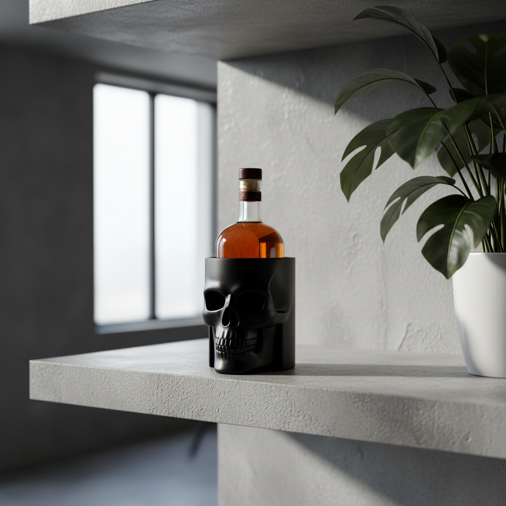 Skull bottle cooler with bottle on a concrete shelf beside a houseplant