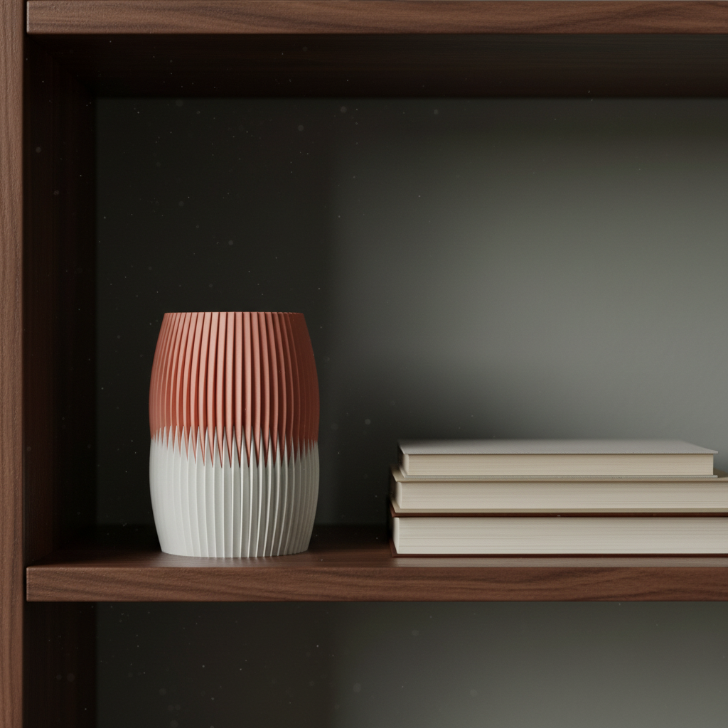 Blush-top ribbed vase with a white bottom displayed as sculptural decor