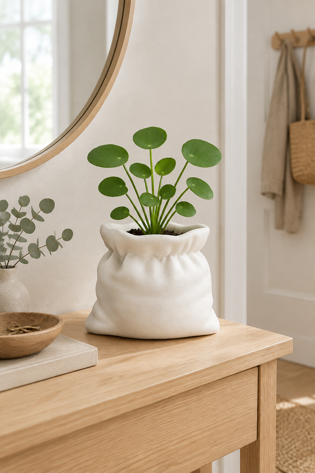 White sack planter with greenery on a bright entryway console