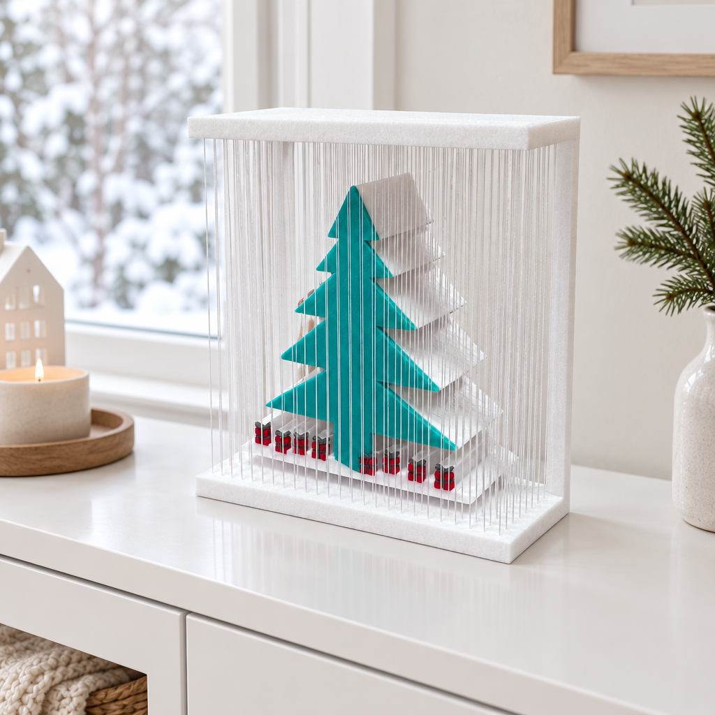 White strand-frame Christmas tree display with teal-green tree and red-and-dark base accents on a bright console beside a winter window.