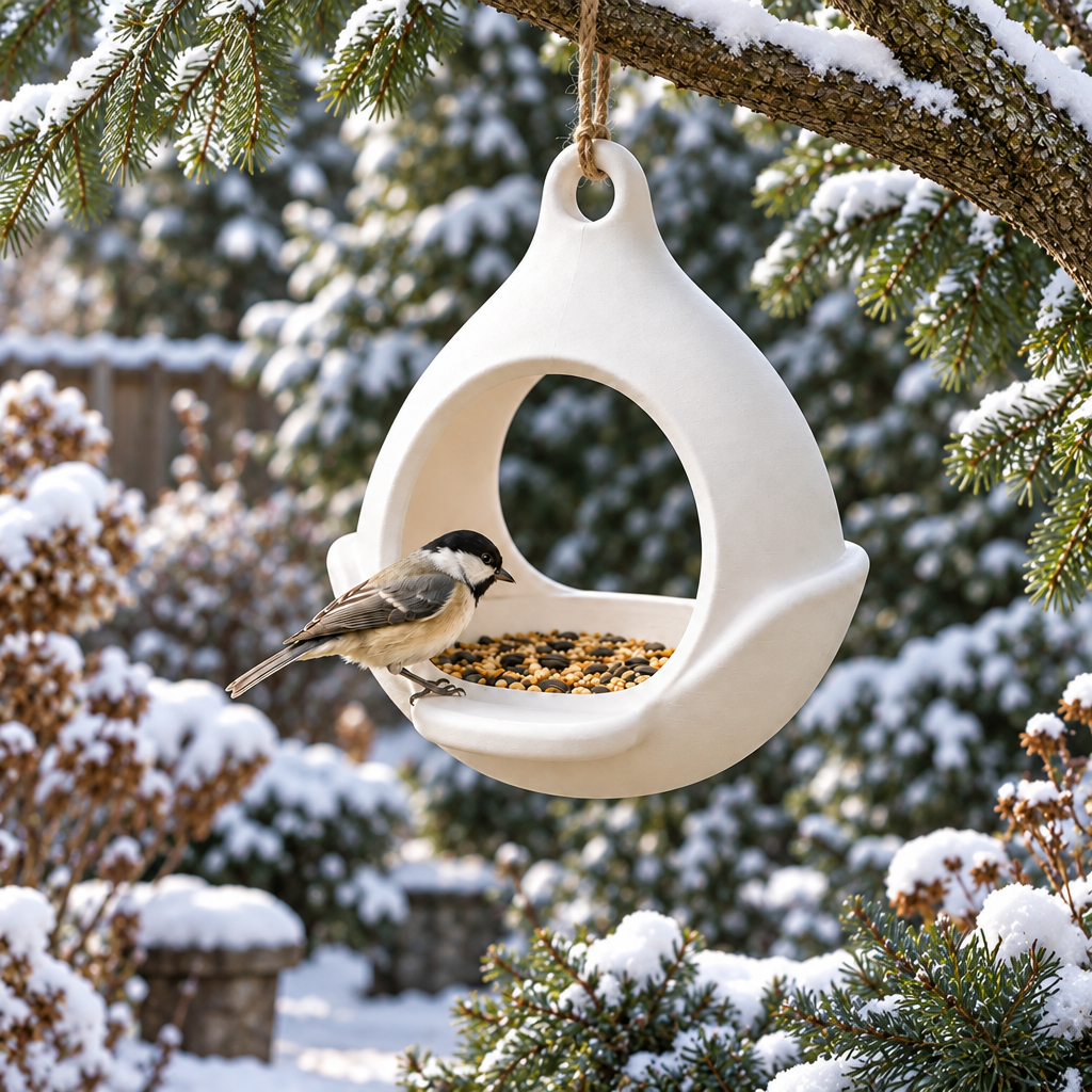 Drop feeder among winter evergreens