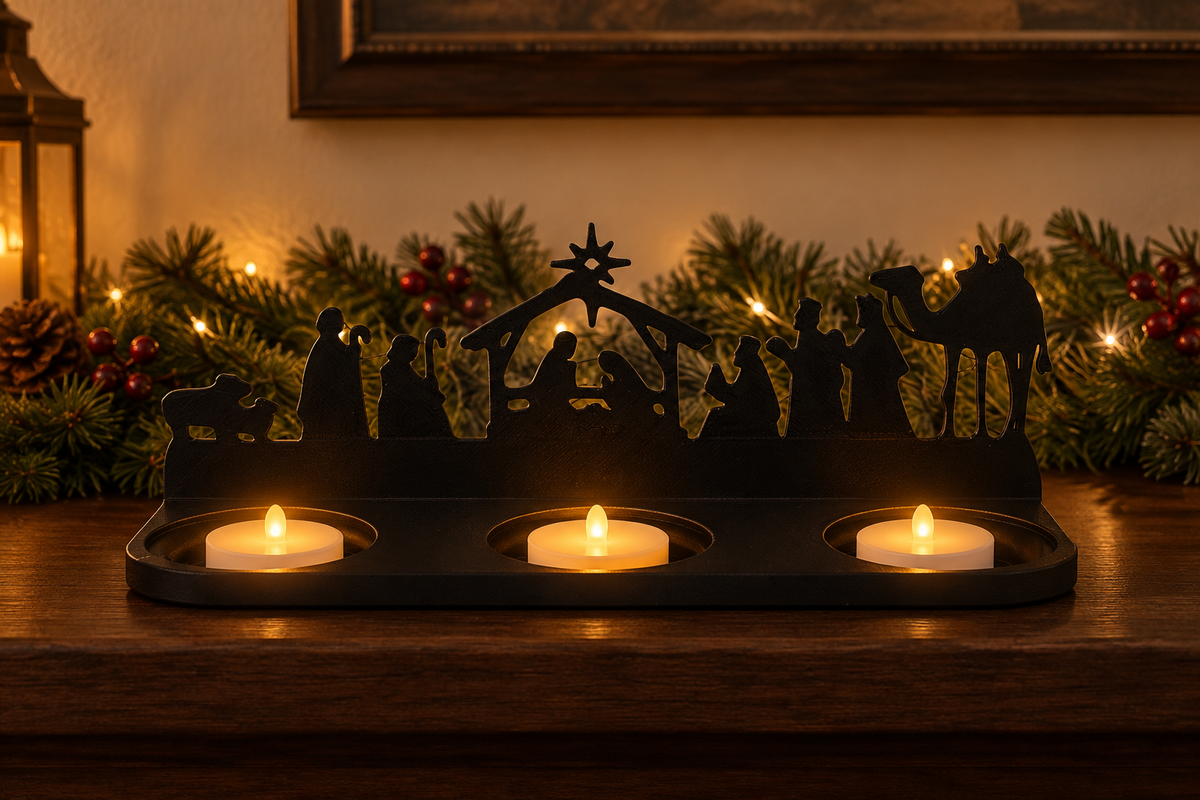 Nativity scene tealight holder on a dark mantel with evergreen garland.