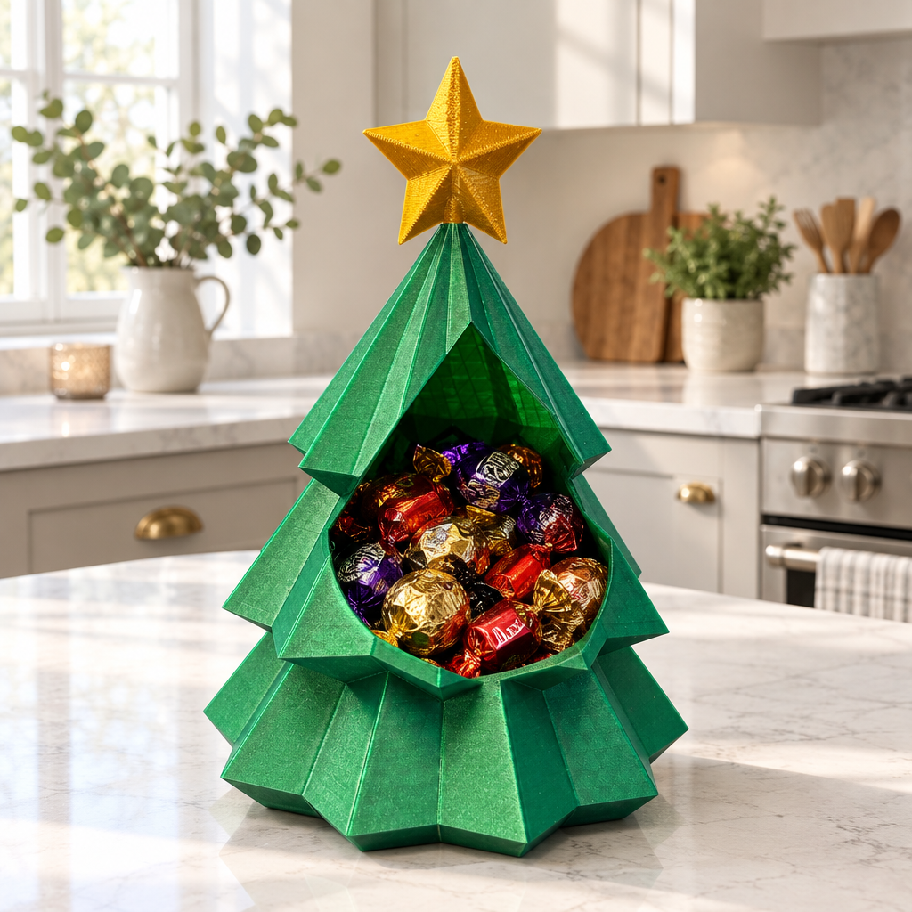 Green Christmas tree snack bowl with wrapped sweets on a bright kitchen island