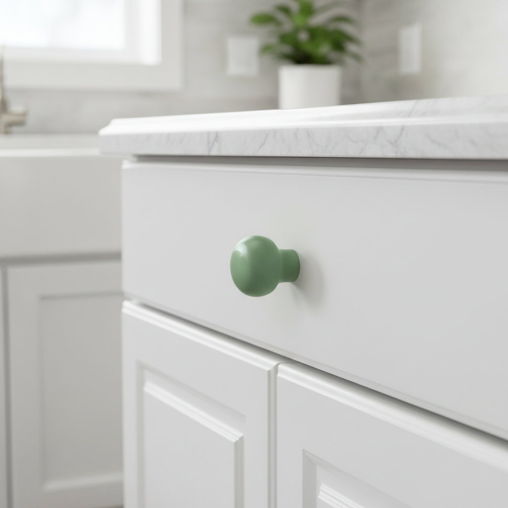 Modern Minimalist Cabinet Knob Handle on white shaker kitchen cabinet