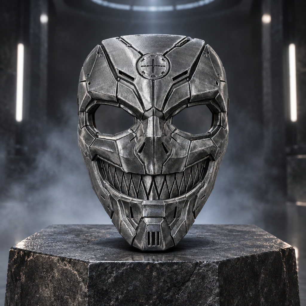 Charcoal Tech Devil mechanical skull mask displayed in a sci-fi exhibition, without a strap