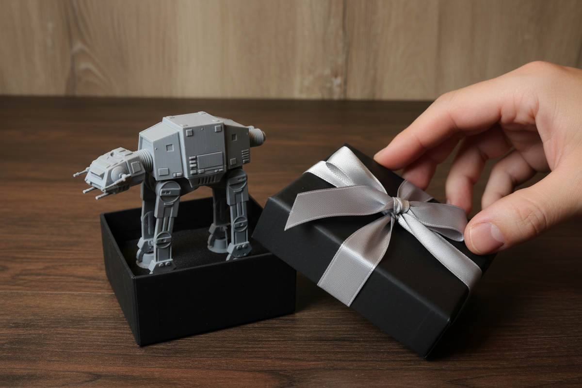Star Wars AT-AT Springie presented as a gift in a sleek black box with silver ribbon