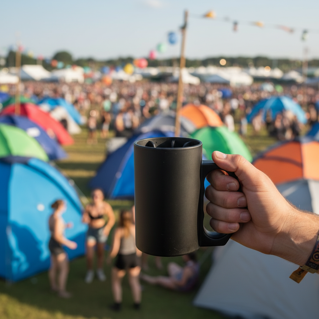 Matte black insulating can cooler held at summer festival with colourful tents and crowds in background