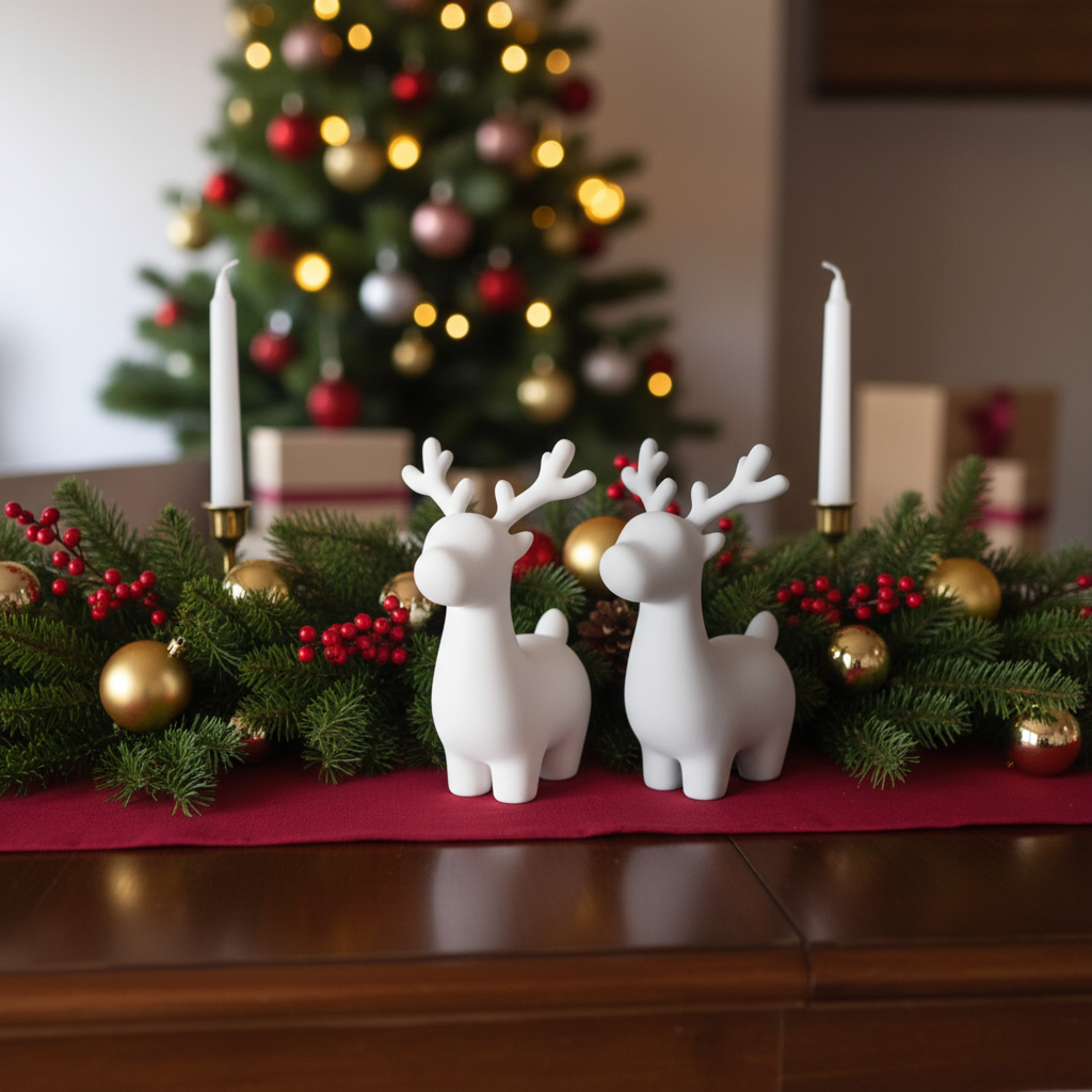 Grey and white reindeer pair on festive dining table with greenery and gold baubles lifestyle