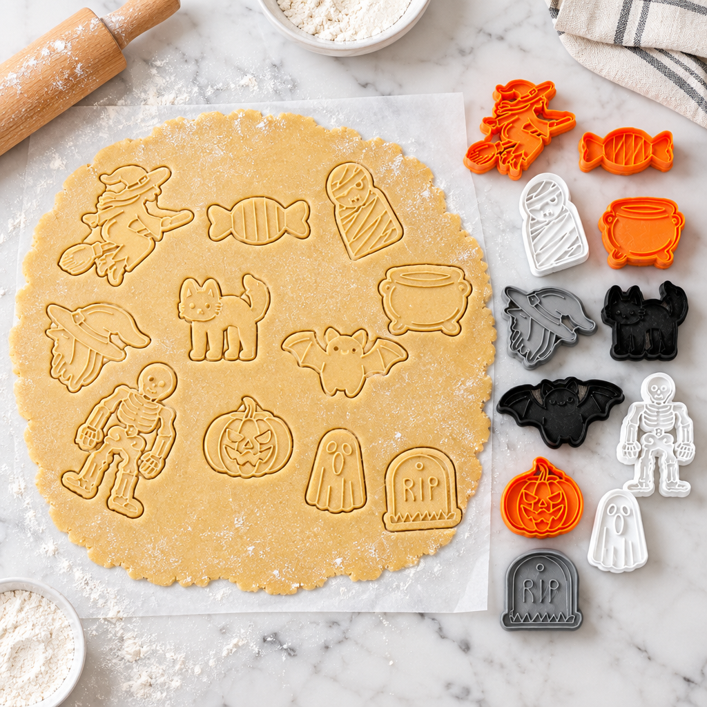 Halloween cutter shapes pressed into rolled biscuit dough beside the cutter collection