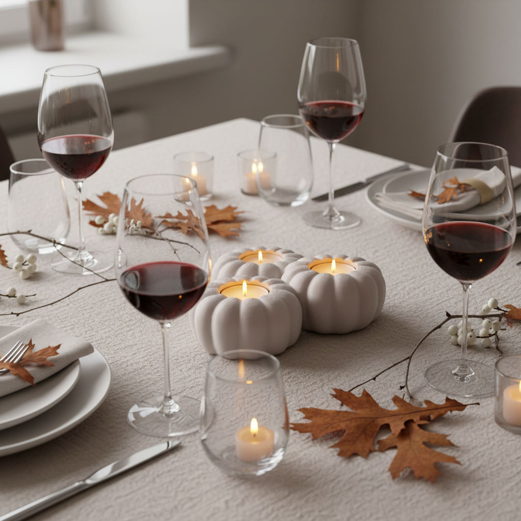 Three white pumpkin tealight holders glowing as autumn dinner table centrepiece with wine glasses lifestyle