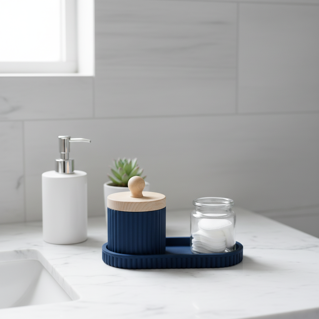 Navy blue ribbed organiser set on white marble bathroom counter with perfume bottle, watch and cotton pads