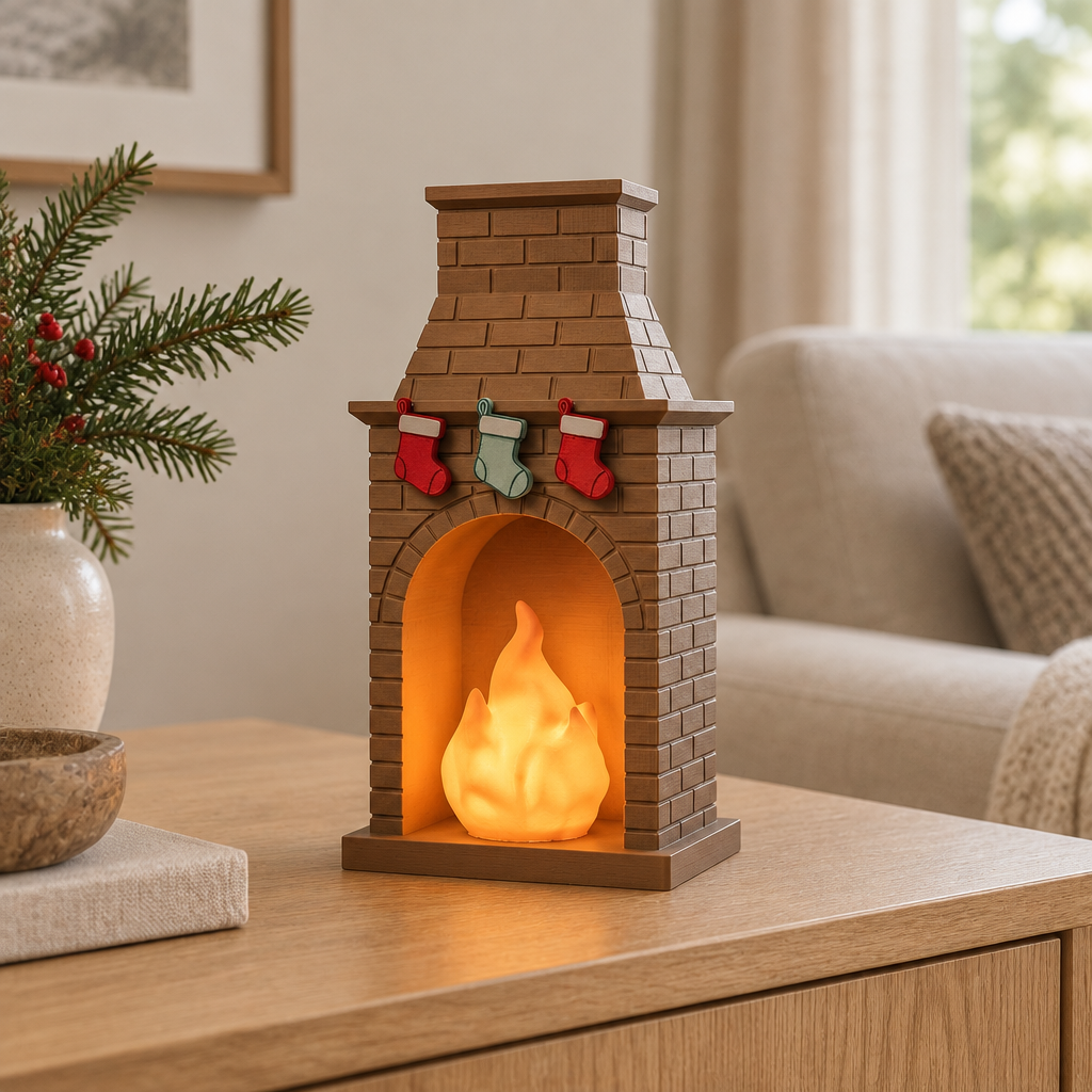Miniature Christmas fireplace tealight holder on a light oak sideboard in a calm living room
