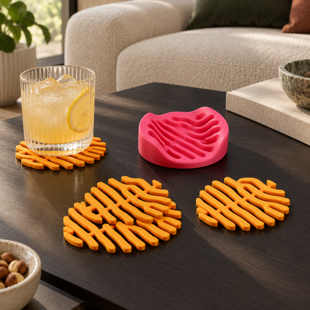 Coral coasters on charcoal coffee table