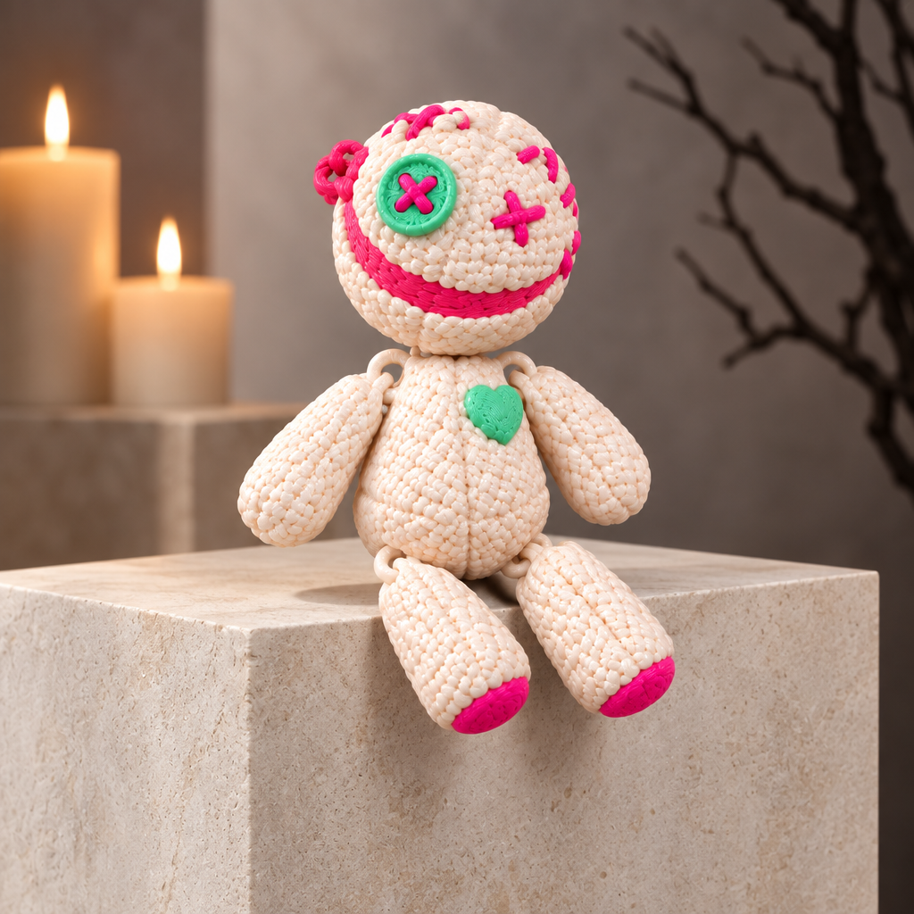 Cream and pink Vodoo Doll on pale stone plinth