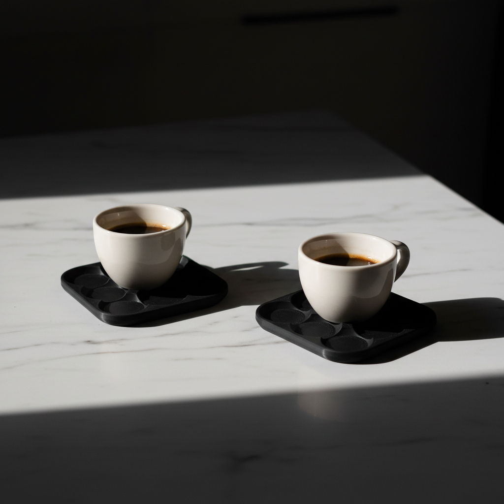 Black split dual coasters with espresso cups - lifestyle